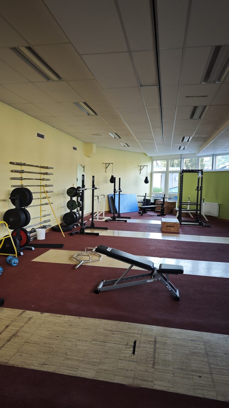 Kraftraum mit Langhantelablage, Hantelscheiben, Squat-Rack und Trainingsbank auf rotem Sportboden